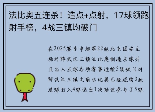 法比奥五连杀！造点+点射，17球领跑射手榜，4战三镇均破门